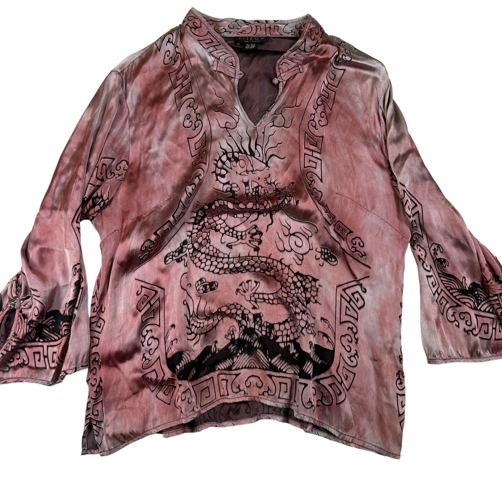 Citron Santa Monica Silk Blend Dragon Print Blouse XL Pink Asian Art Boho Y2K